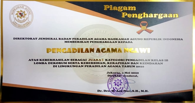 Piagam Penghargaan Badilag Juara 1 (satu) Lomba Dekorum  dan K3